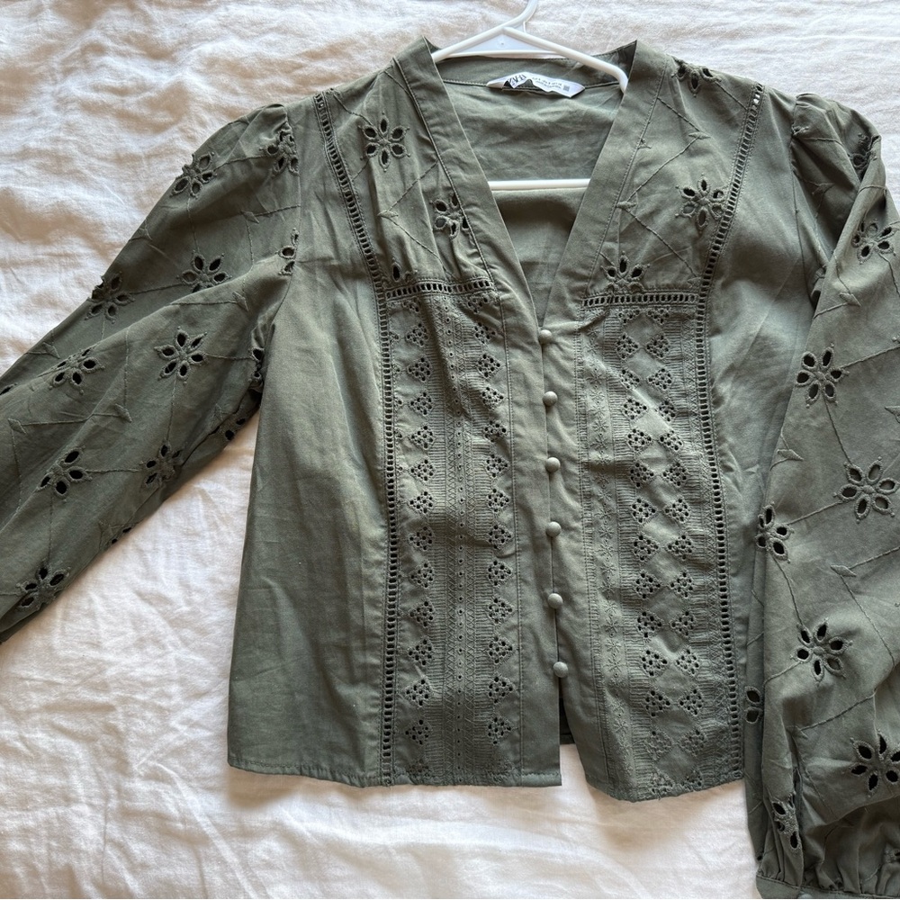 Olive Green Eyelet Button-Up Blouse| embroidered pattern